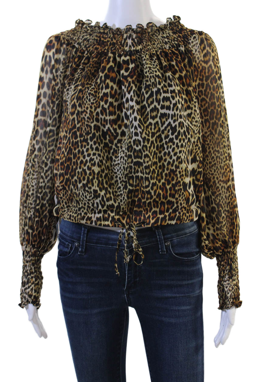 Lola & Sophie Women Beige Animal Print Long Sleeve Drawstring Blouse Size XS