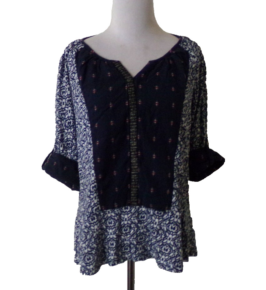 Vintage America Boho Top Multicolor 3/4 Roll Tab Sleeve Notched Neckline Medium