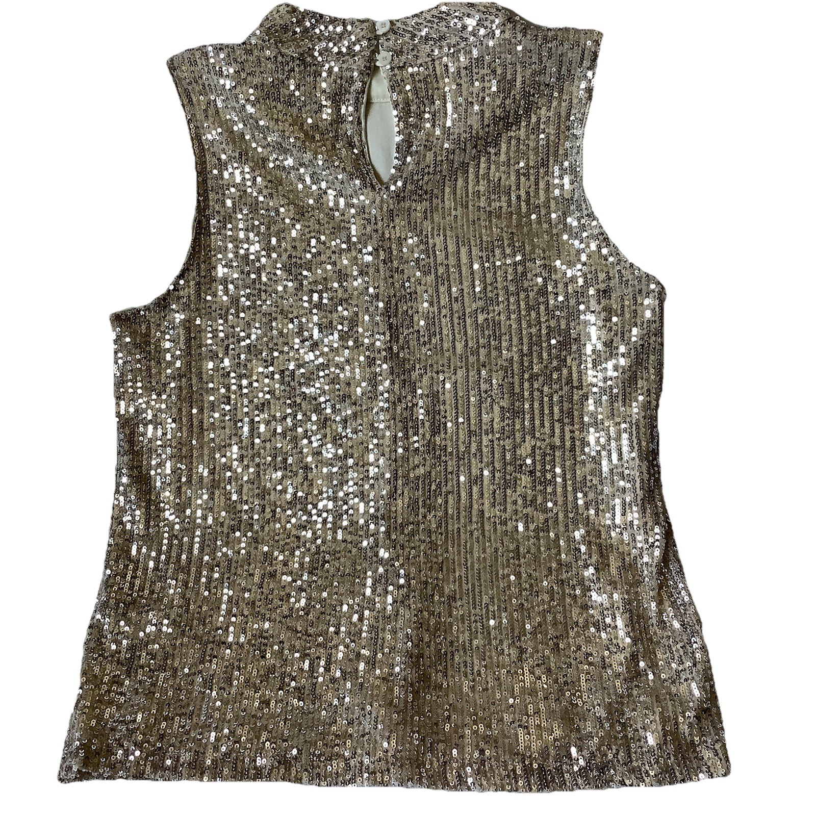 Calvin Klein Women Medium Sequin Mock Neck Sleeveless Blouse Champagne Silver M