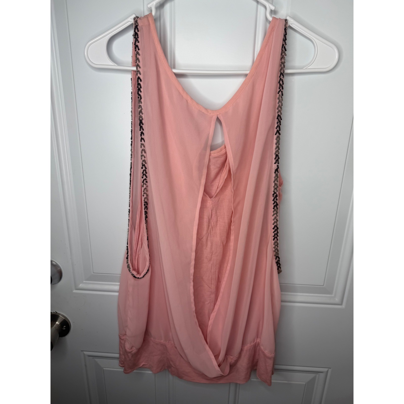 Peach Beaded Trim Chiffon Overlay Sleeveless Blouse Keyhole Back Top L