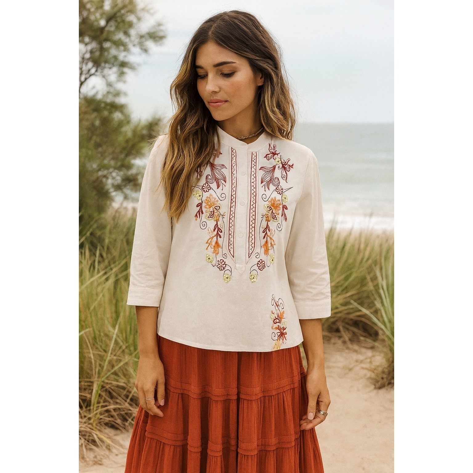Davi & Dani Embroidered Small White Blouse Top Tunic Boho Festival