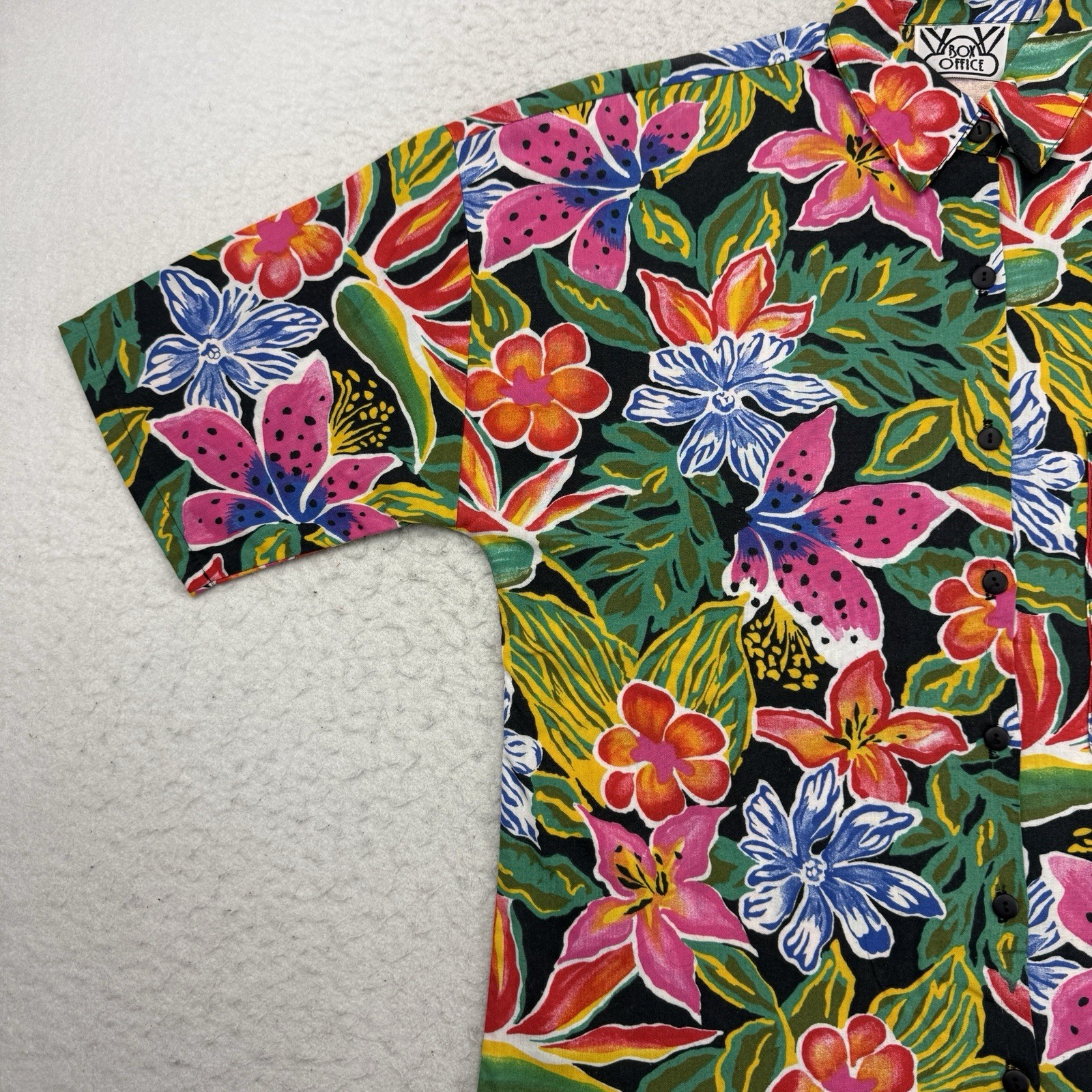 Vintage Aloha Hawaiian Shirt Womens Medium M Green Pink Floral Box Office