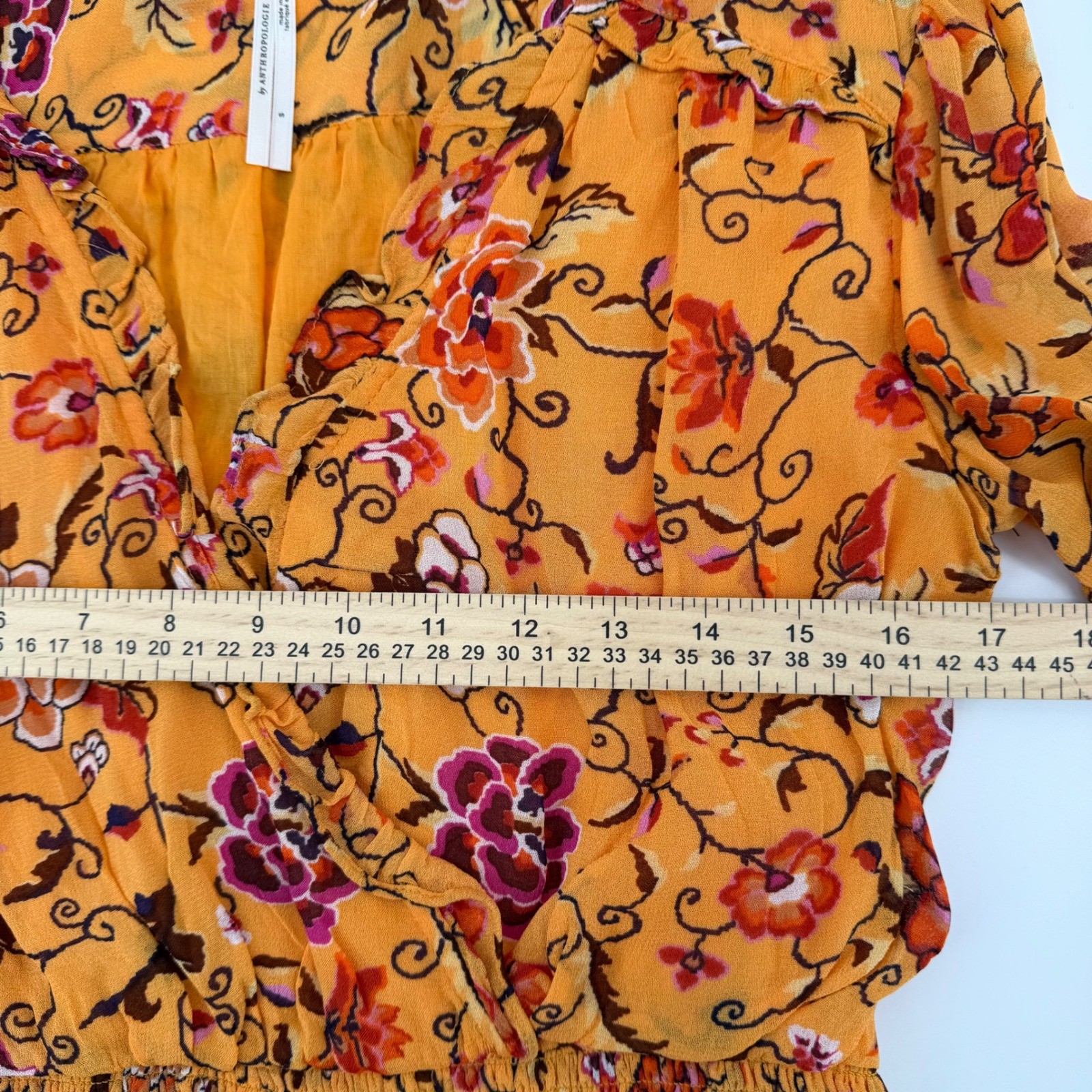 Anthropologie Floral Print Long Sleeve Smocked Waist Blouse Orange Womens Small