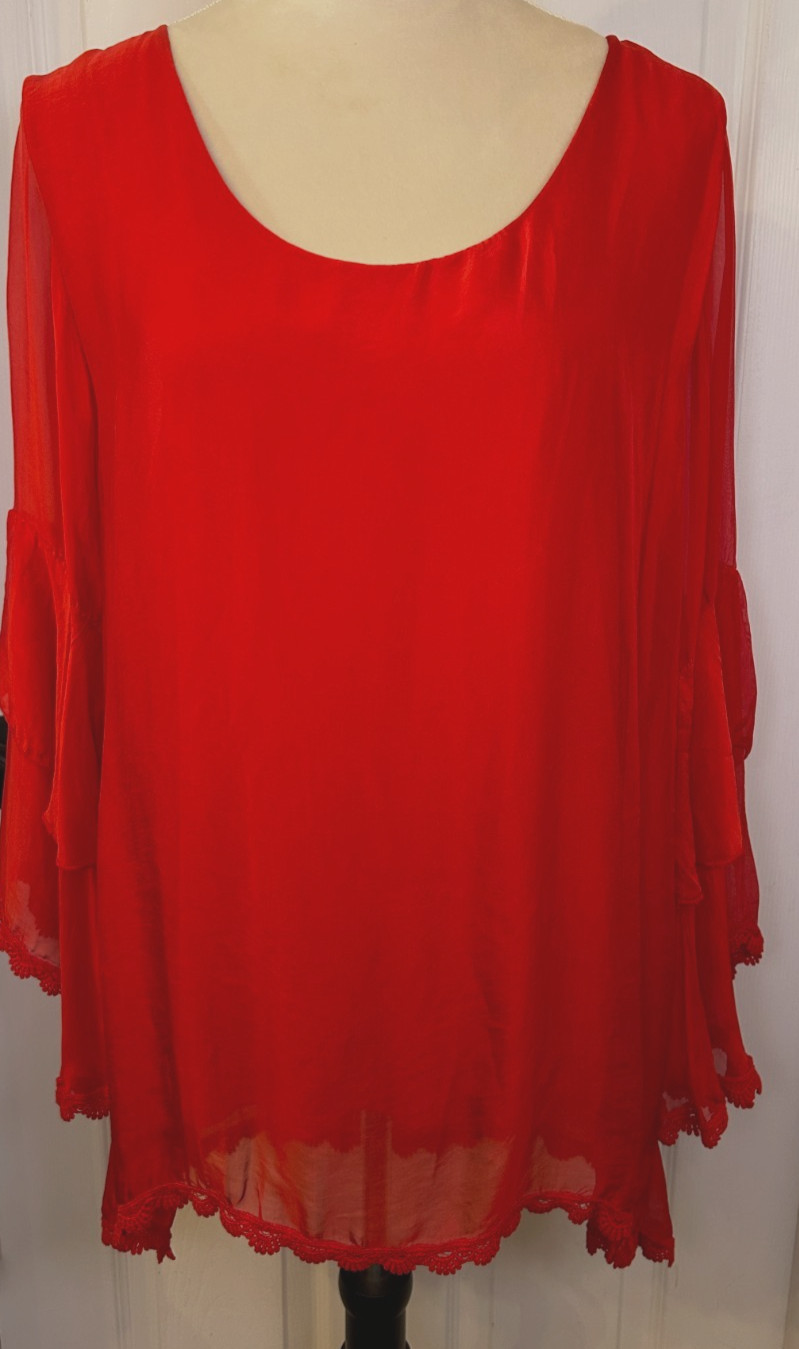 Made in Italy Blouse Sz L Red Silk Viscose Crochet Bell Sleeve Peasant Tunic Top