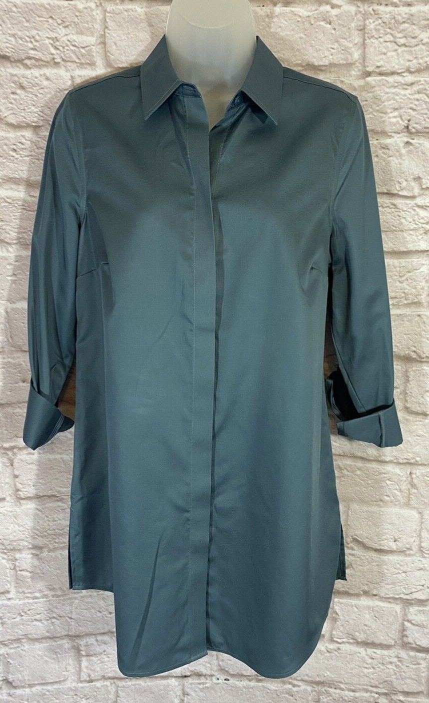 NEW CHICOS Wrinkle Resistant Tunic Top Locklyn Shirt 0 (S) Blue Roll Tab 9537