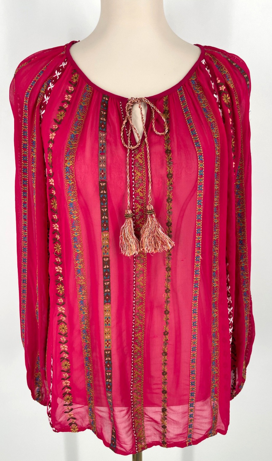 Sundance women size M Embroidered stripe blouse fuchsia pink tassels long sleeve
