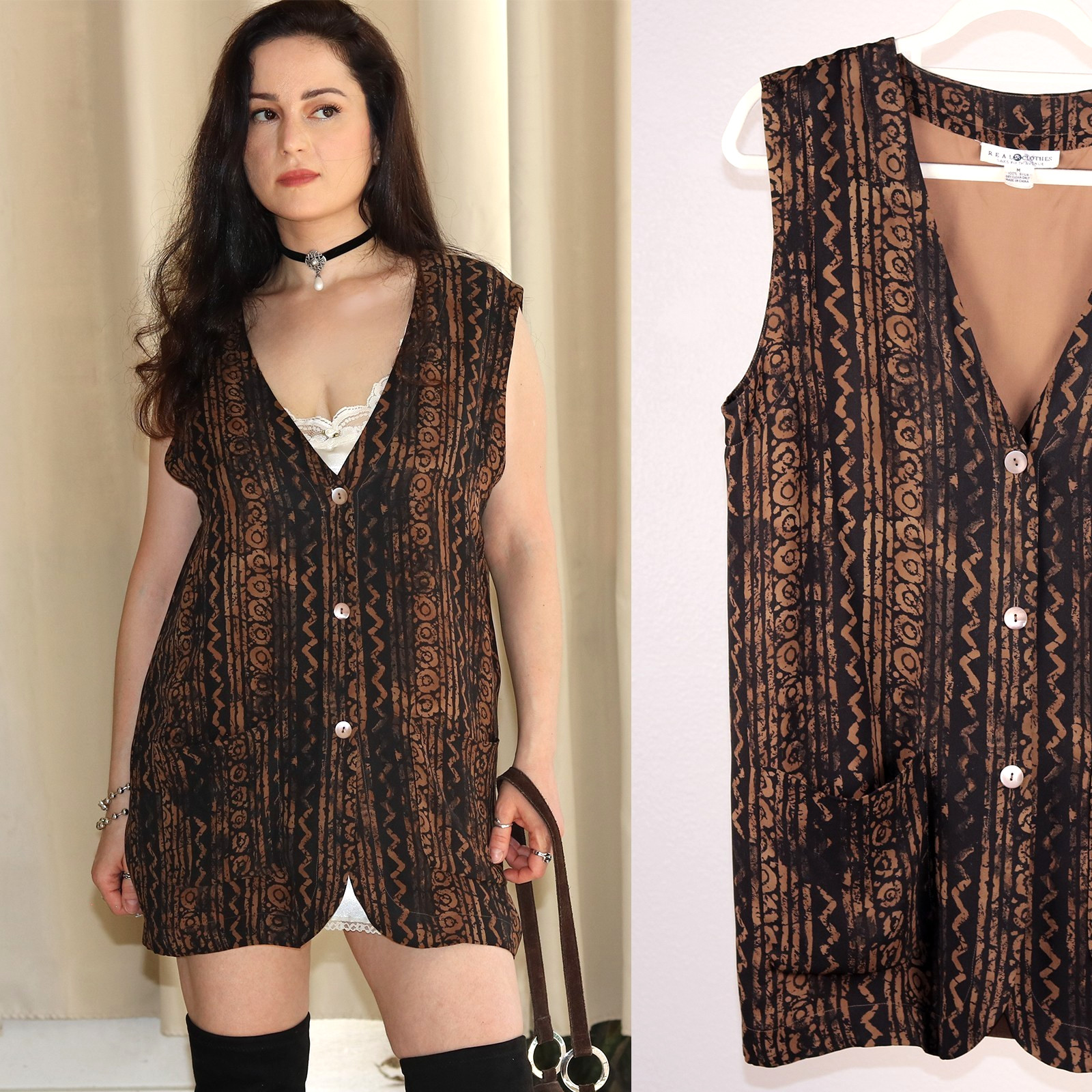 Vintage Saks Fifth Ave Real Clothes Silk Vest Brown Black Printed Long Vest Sz M