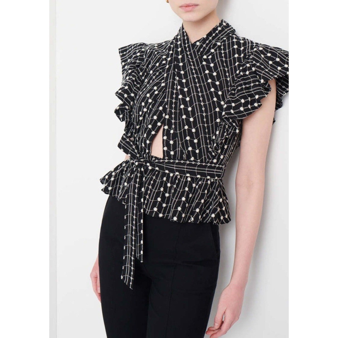 Derek Lam 10 Crosby Embroidered Blouse Top 100% Cotton Womens 6 Black Peplum