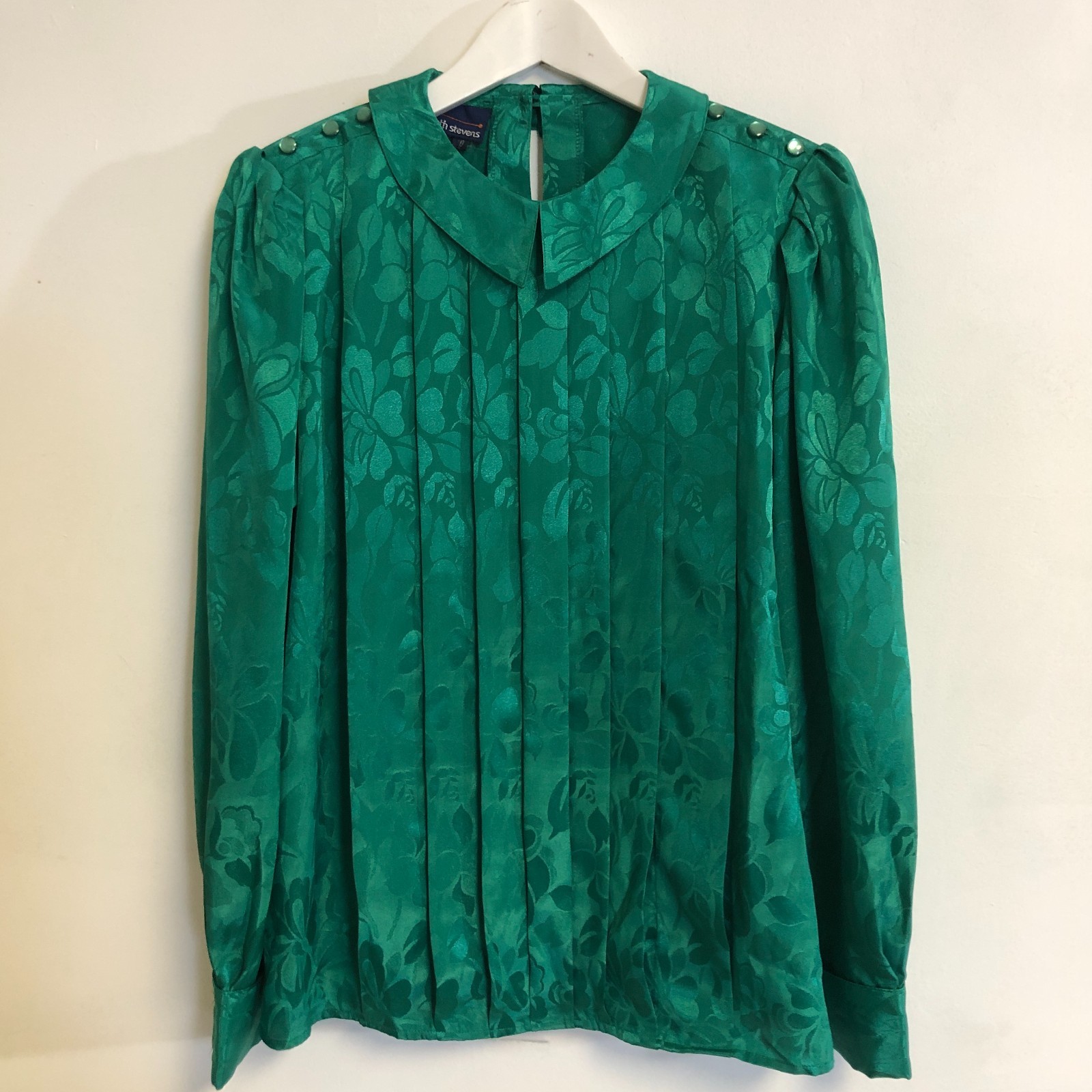 Kenneth Stevens vtg Green Damask Pleated Blouse Sz 10 Balloon Sleeves