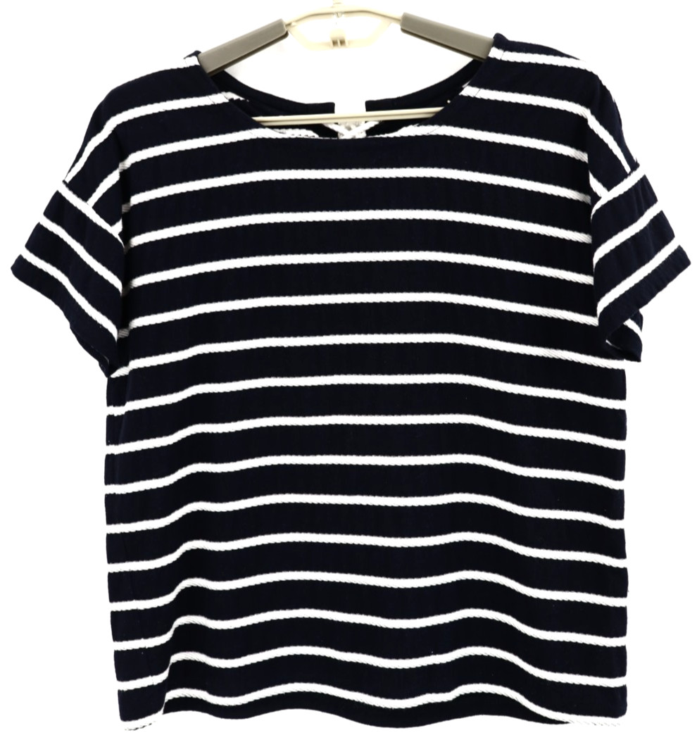 TALBOTS Women’s Cotton Poly Top Short Sleeve Striped Navy Blue White MP Petite