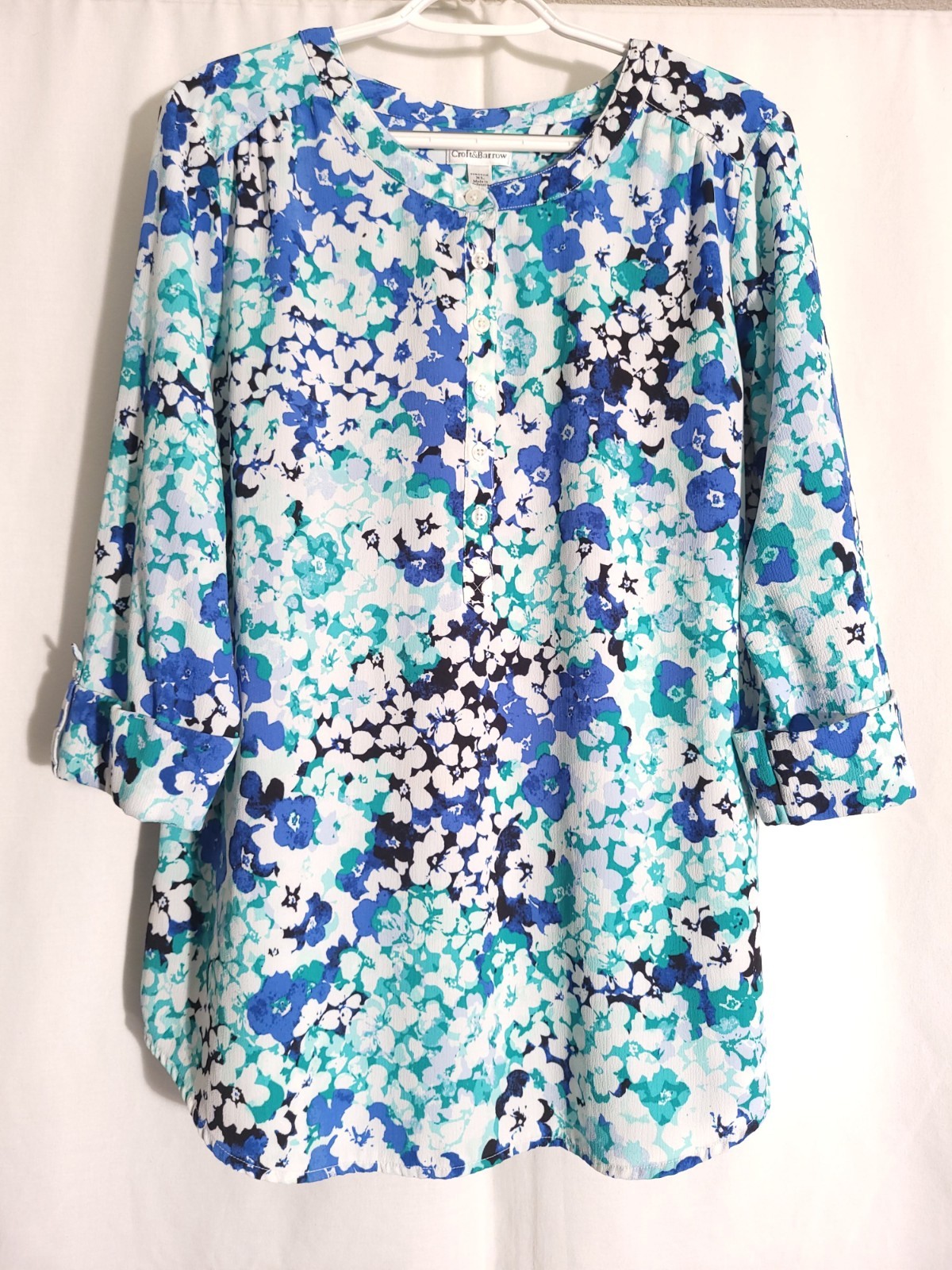 Croft Barrow-White Blue Green Floral 3/4 Sleeve 1/2 Button Collarless Top-XL