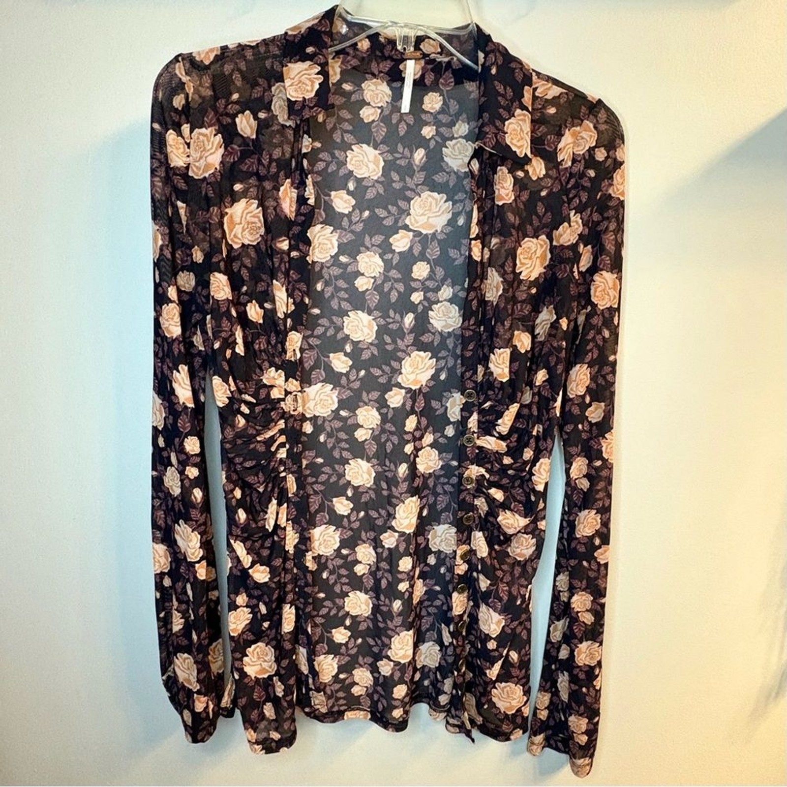 Free People Lucky Shirtee Black Tan Brown & Purple Sheer Mesh Layering Top Sz S