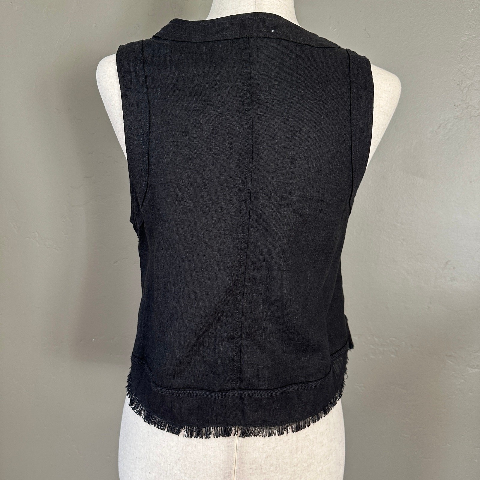 Black Linen Blend Boho Tank Top S Fringe Hem V-Neck Sleeveless Minimalist New