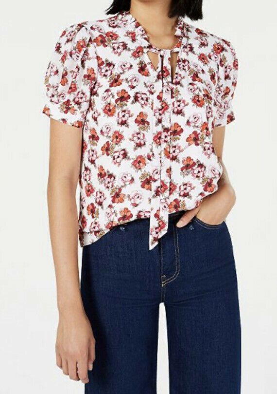 Maison Jules Tie-Neck Printed Top Medium Floral White/ Pink Size Medium M NWT