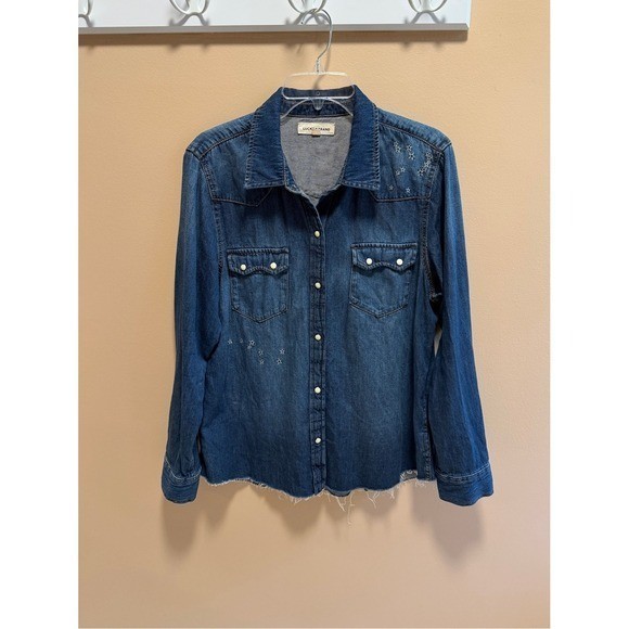 Lucky Brand Denim Western Shirt Snap Button Contrast Stitch Star Embroidery Lg