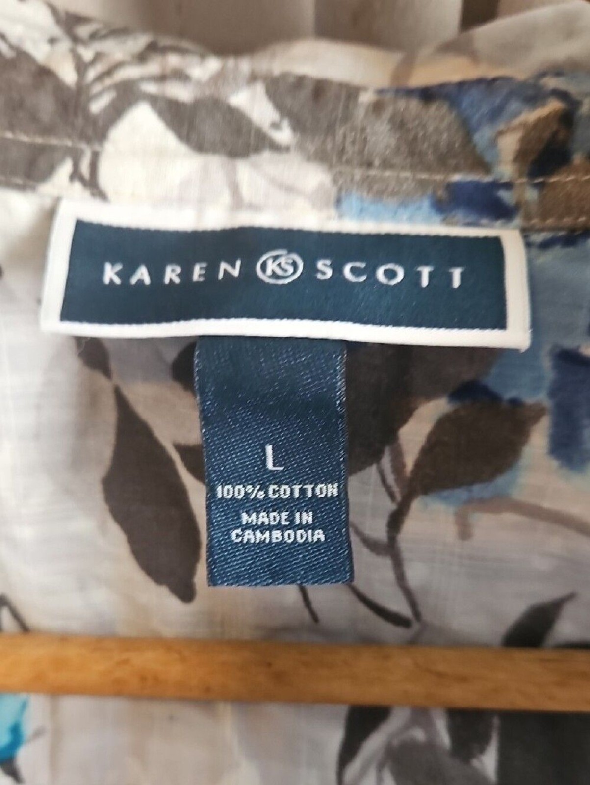 Karen Scott White Button-Down Shirt with Blue Floral Print
