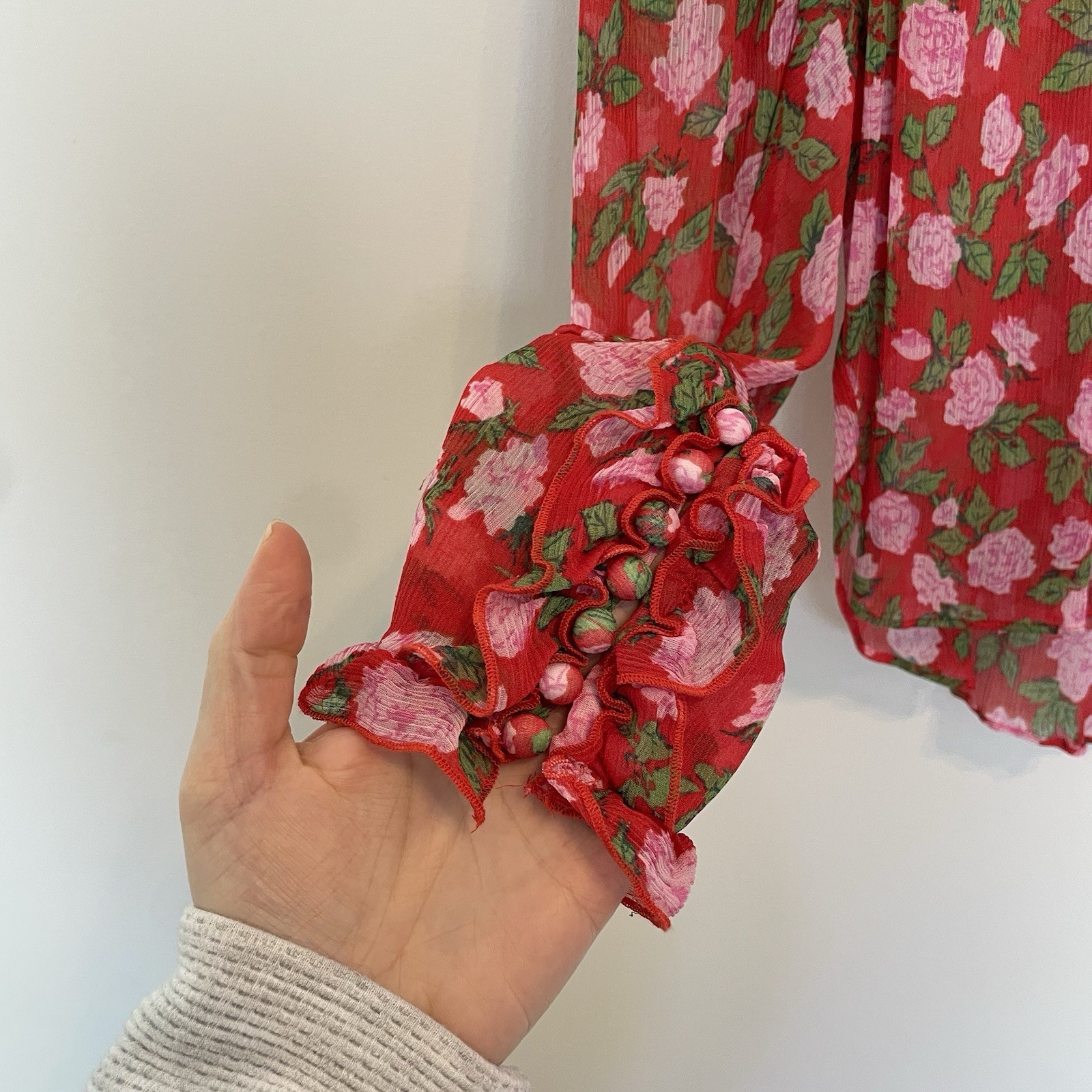 THE KOOPLES Floral Rose Button Down Sheer Victorian Blouse Sz 1 S Small Silky