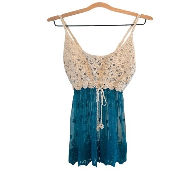 Crochet Lace Sheer Floral Drawstring Tank Top Teal Cream Bohemian Fairycore LG