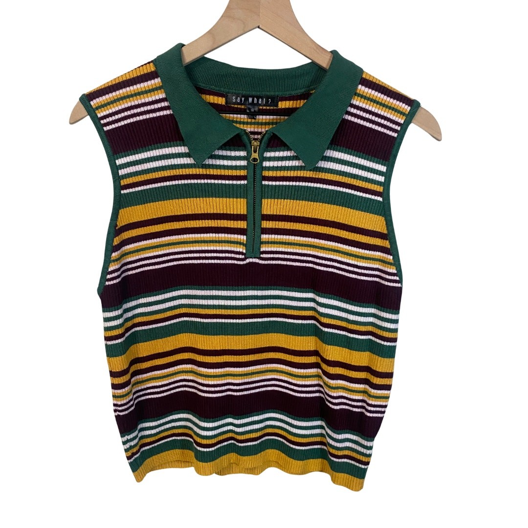 Say What Striped Rib Knit 1/4 Zip Collared Sleeveless Top Multicolor Retro Sz 3X