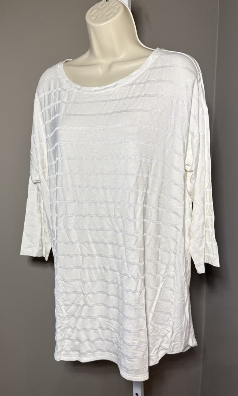 Chicos Zenergy Beige Striped Tunic 3/4 Sleeve SZ LG 12/14 Chicos 2 3/4 Sleeve