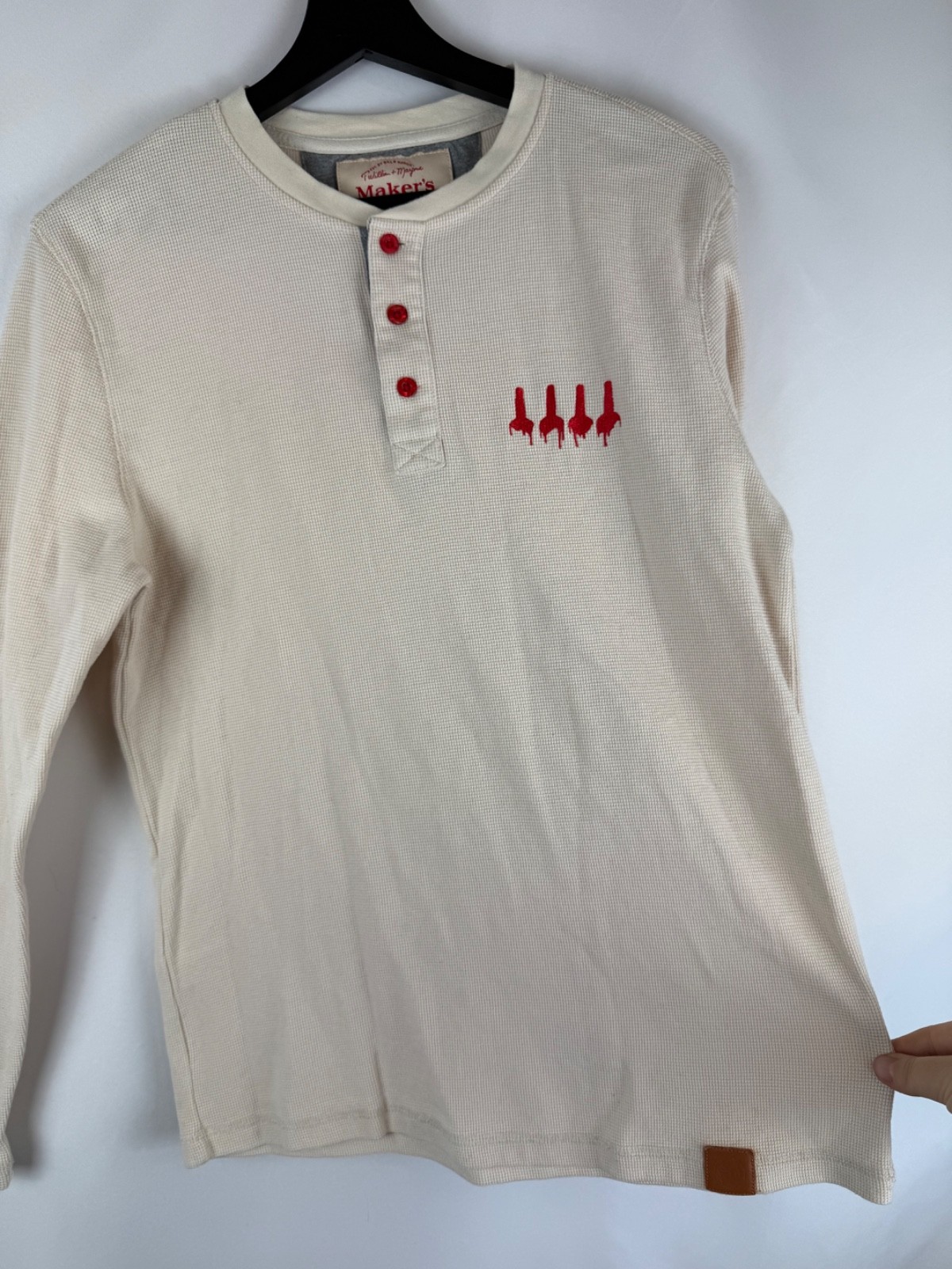 Makers Mark Whiskey Beige Red Button Henley Thermal Waffle Knit Shirt Large L