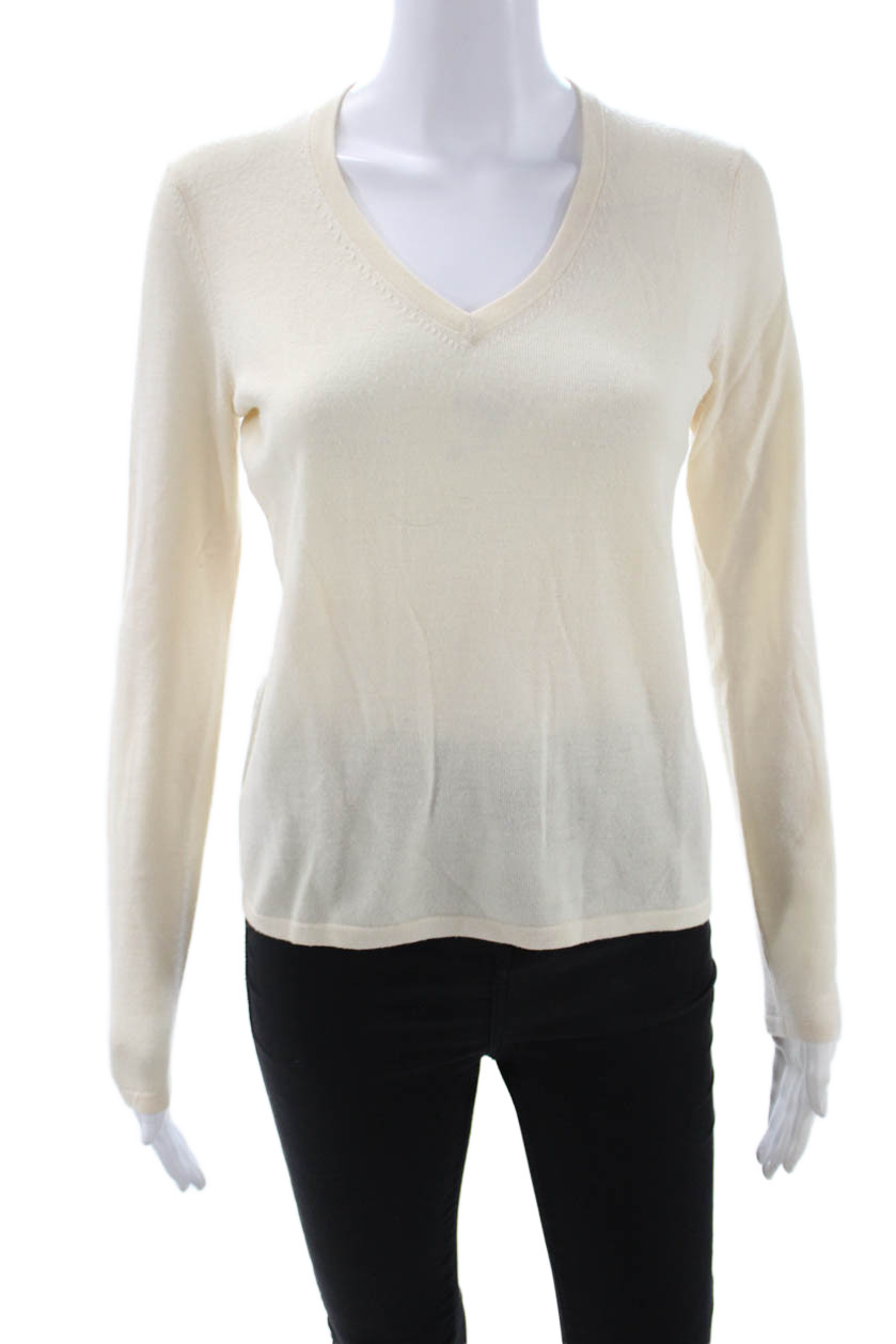 Henri Bendel Womens Beige V-Neck Merino Wool Pullover Sweater Long Sleeve Size M