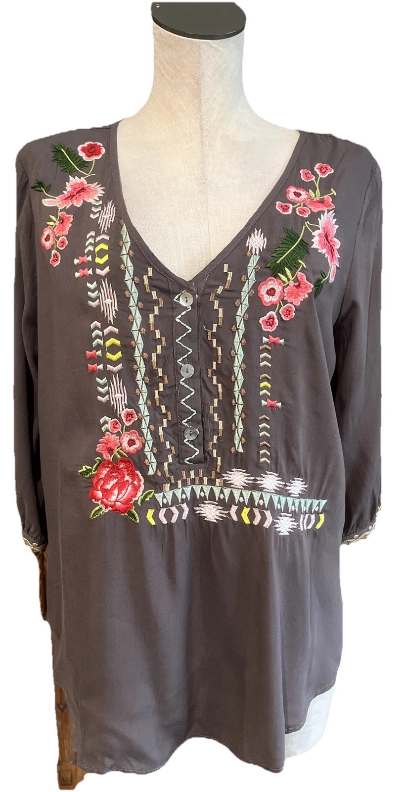 floryday Women Medium Gray Embroidered Floral Tunic Top