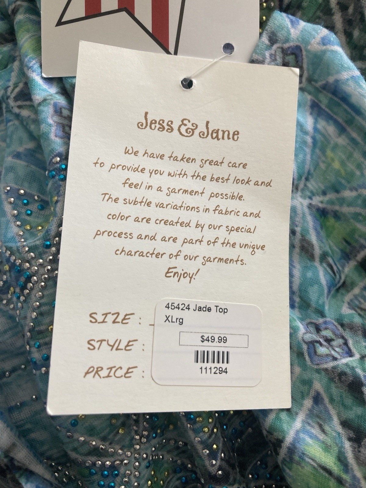 Jess & Jane Women’s 3/4 Sleeve Blue & Green Bedazzled Top Size XL