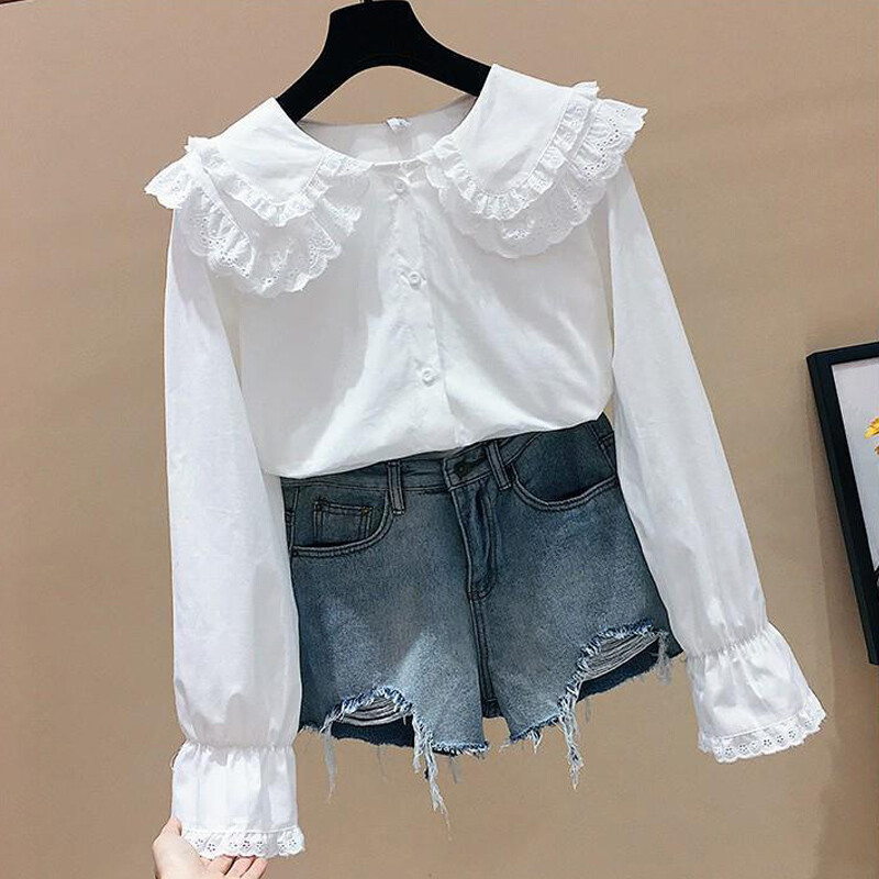 Office Lady Clothes Black White Lace Collar Top Lolita Cute Shirt Women Blouse