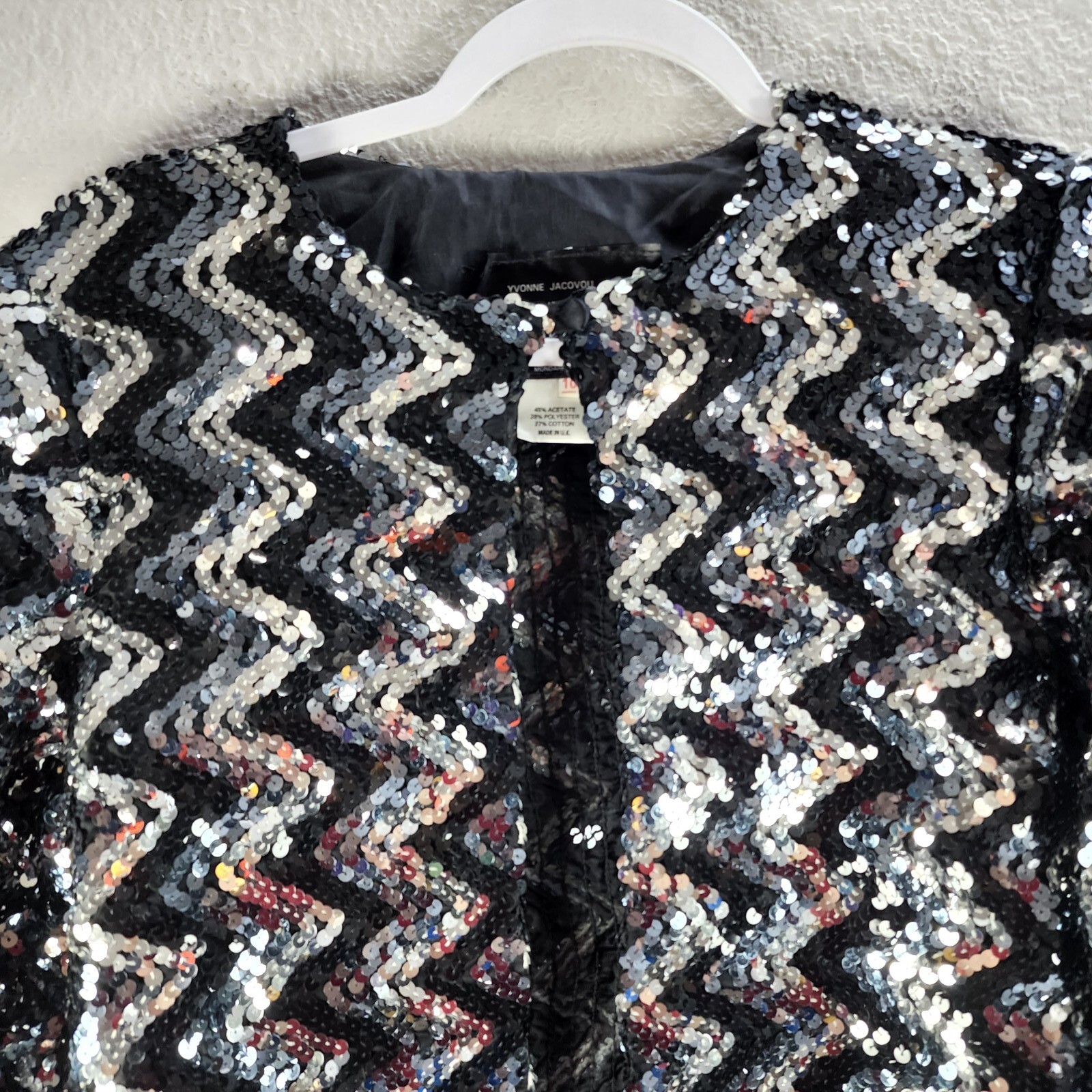 Women’s Yvonne Jacovou Cornelius Black Silver Hook Close Jacket Top Sequin Sz 10