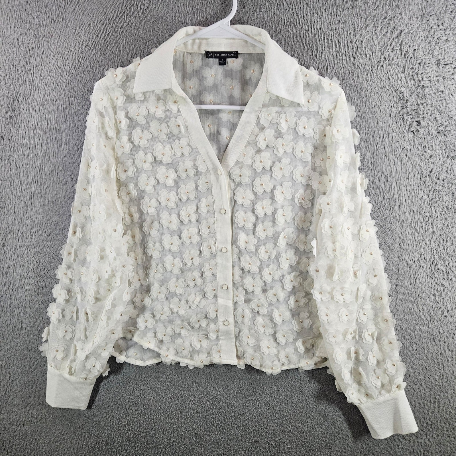 Adrianna Papell Womens White 3D Floral Applique Button Down Blouse Size S