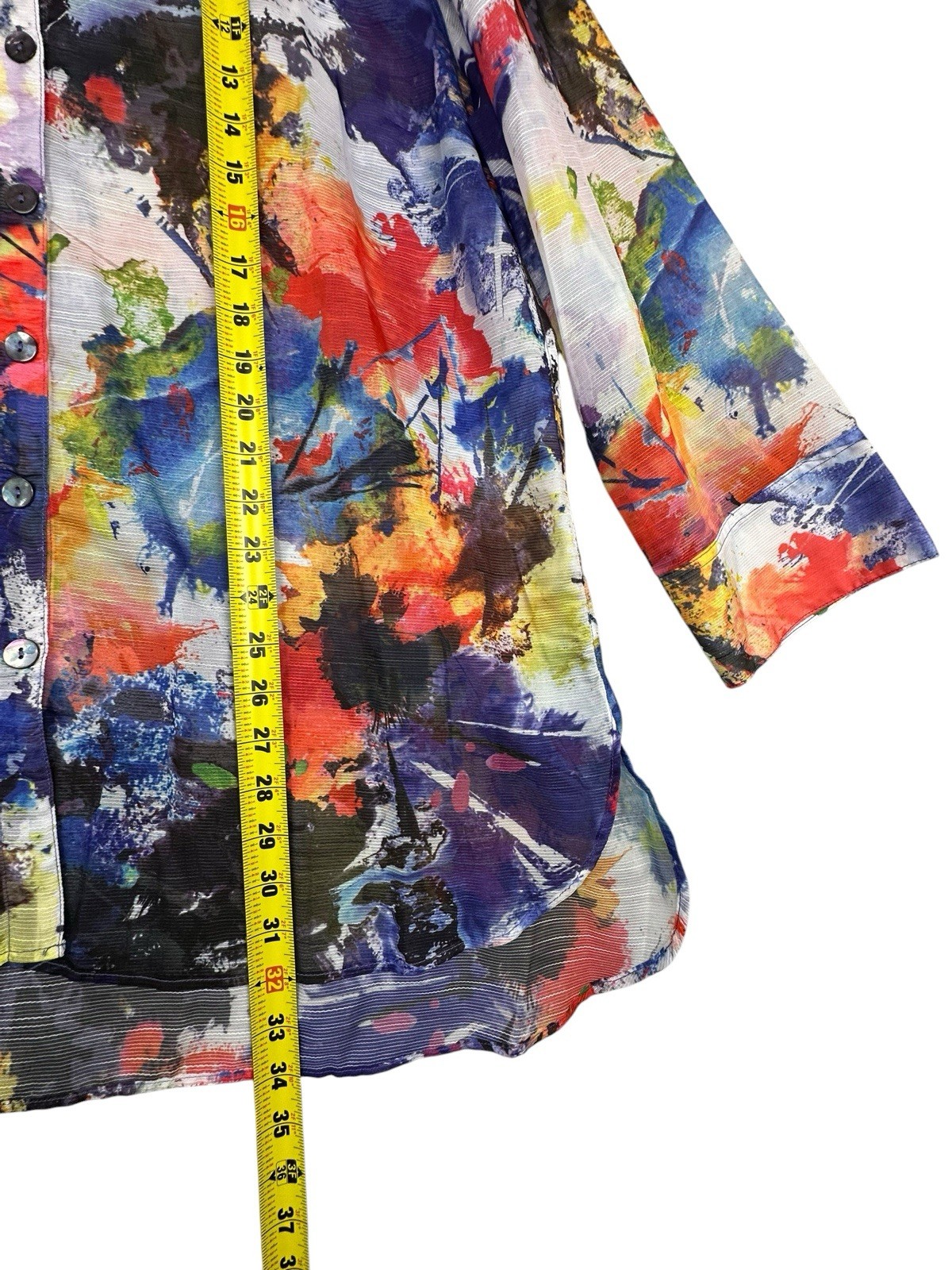 John Mark Womens XL Abstract Art To Wear Button Up 3/4 Sleeve Tunic Artsy Sheer