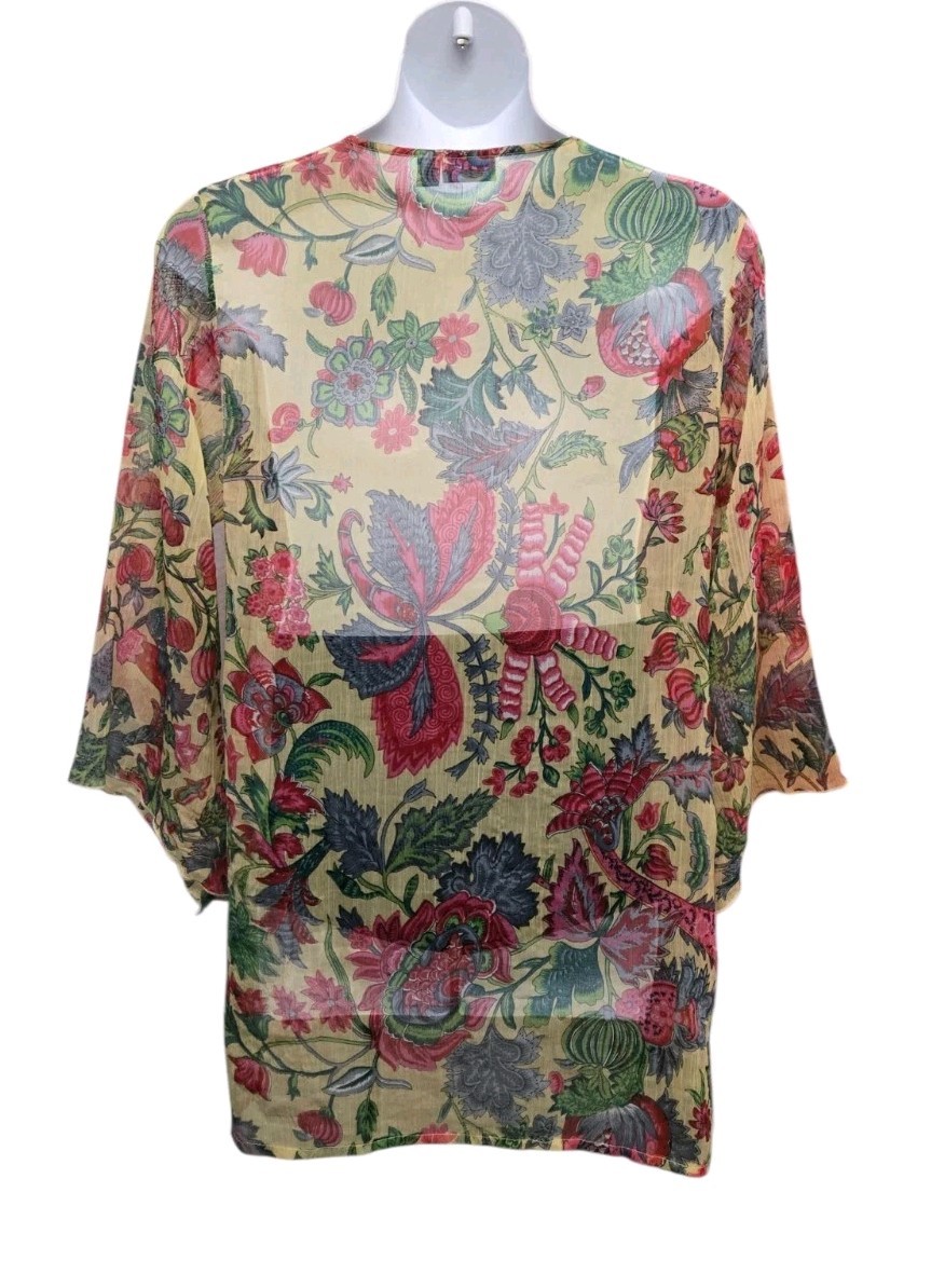 Womens XXL Semi Sheer Floral Print Kimono Top Beaded Flare Sleeves Casual Boho
