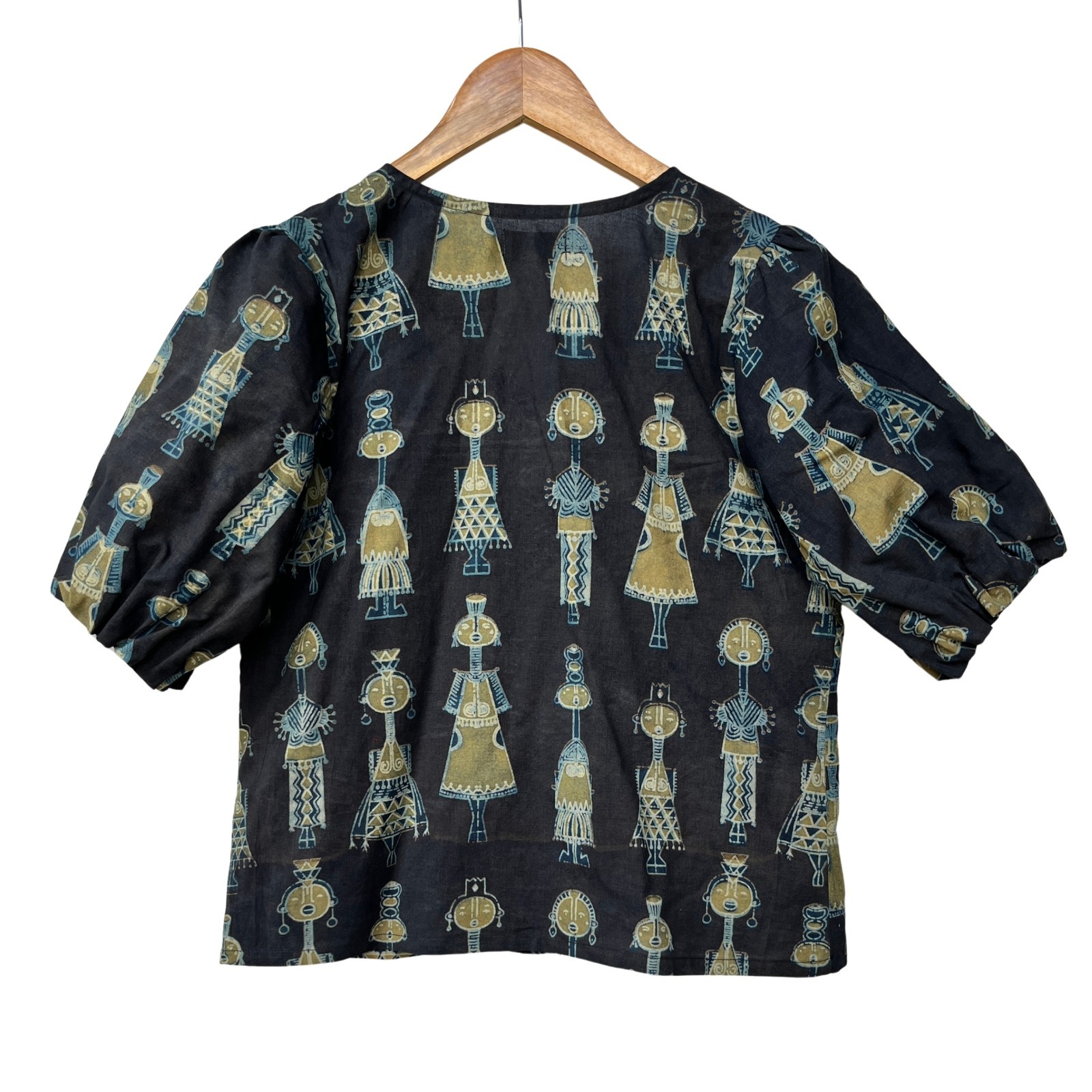 Indian Block Print Blouse Puff Sleeve Black Cotton Tribal Button Down Top Women