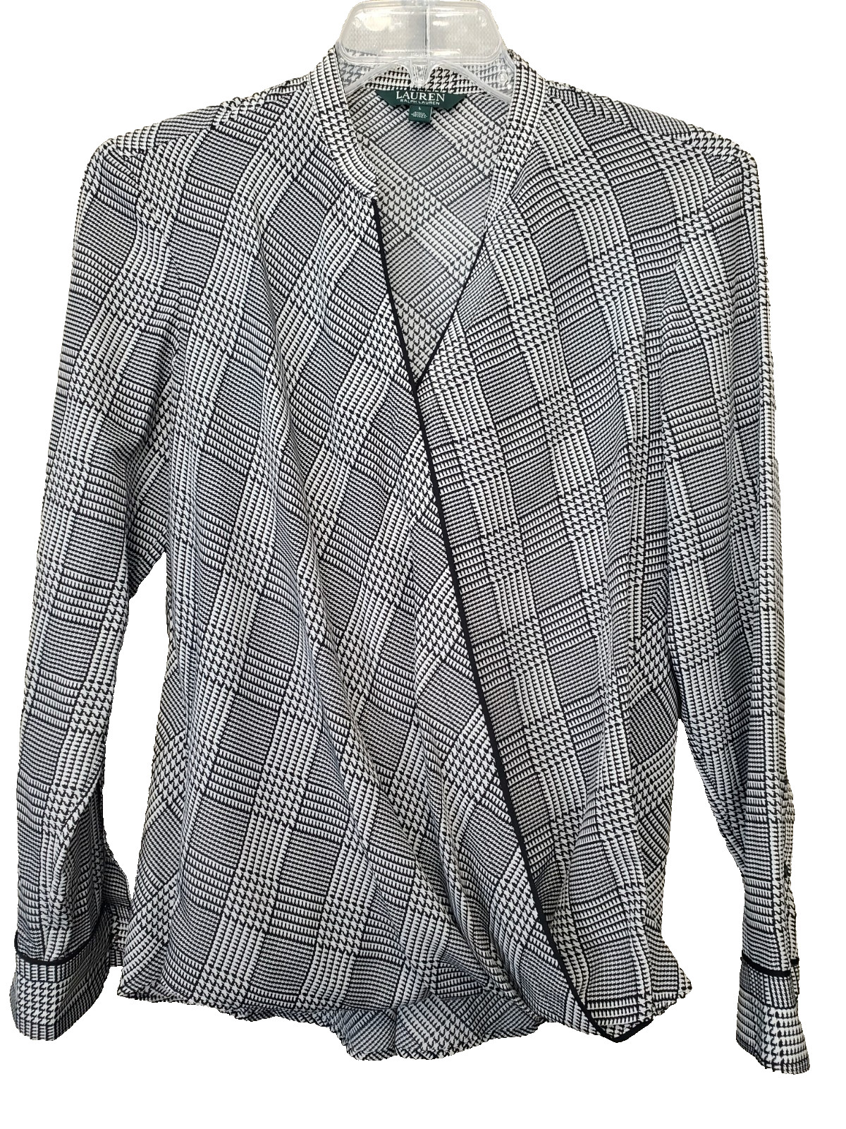 Lauren Ralph Lauren Glen Plaid Crepe Faux-Wrap Barrel-Cuff High-Low Hem Blouse L