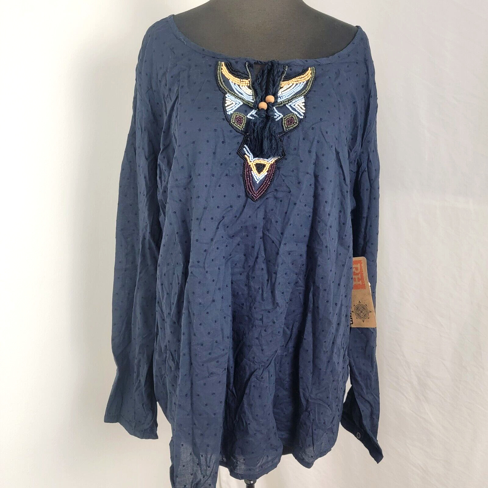 Ruff Hewn Women’s Long Sleeve Blue Shirt Size XL NEW Bead Design Accent at Neck