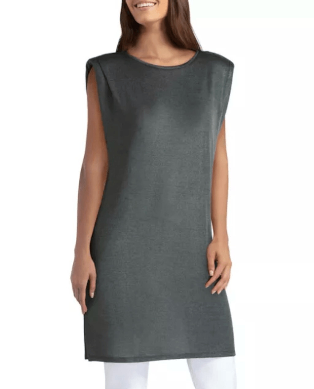 H By Halston Long Line Tunic Women’s L Sleeveless Shoulder Pads Slits Ribbed Top