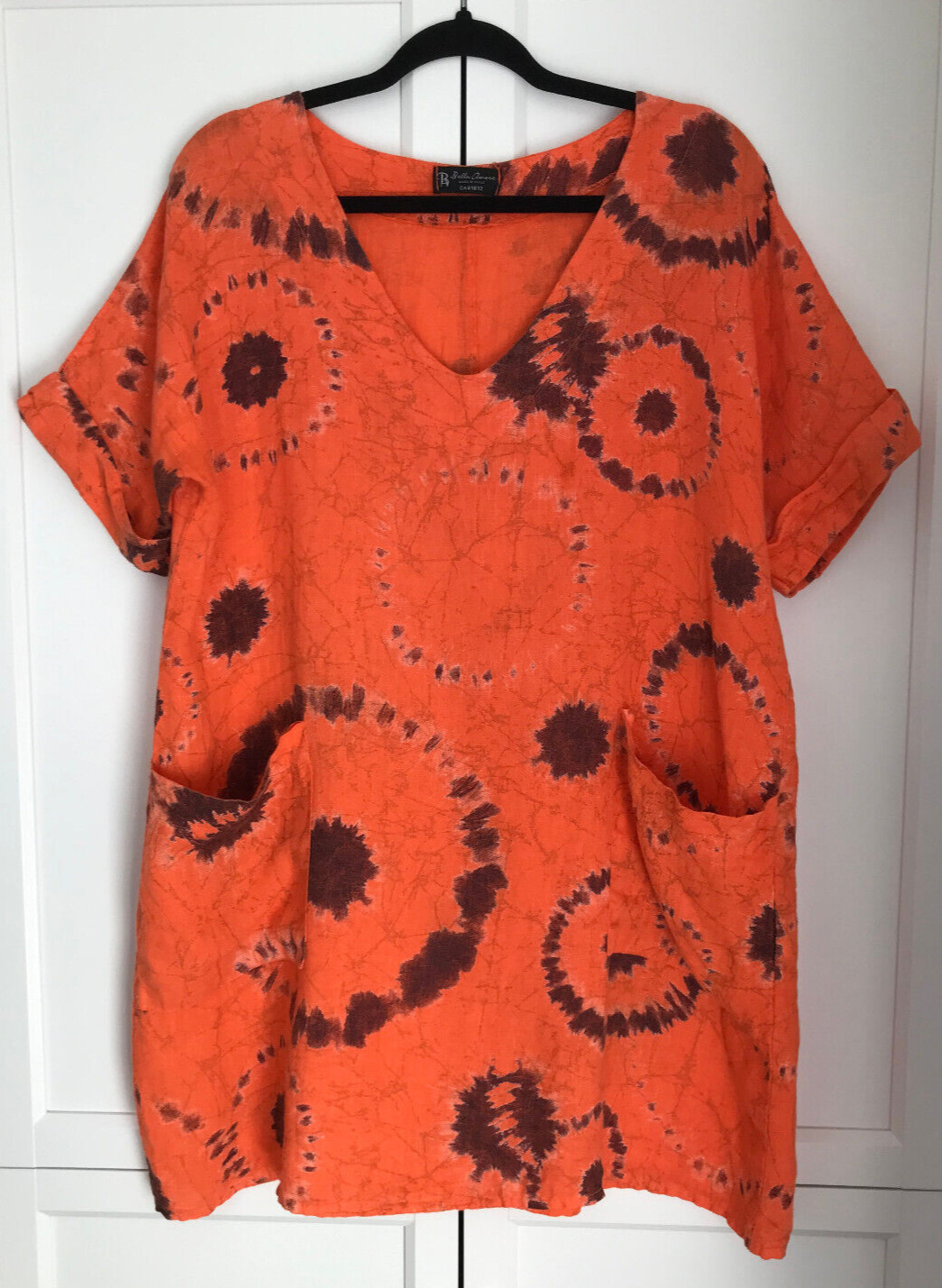 Bella Amore Italy 100% Linen Tunic Orange Tie dye Top Boho Hippie Lagenlook