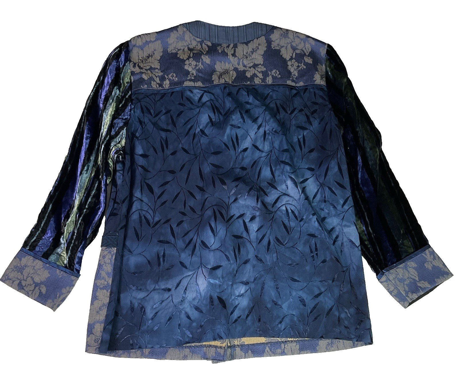 Vtg Mozart Blue Button Blouse Top Large Mixed Media Jaquard Dark Romantic USA