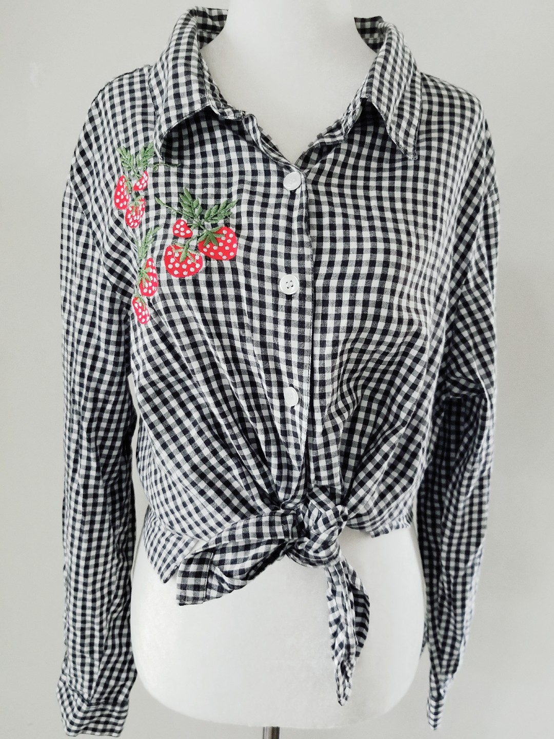 VINTAGE 40S 40S GINGHAM BLOUSE STRAWBERRIES SZ XL 14 16