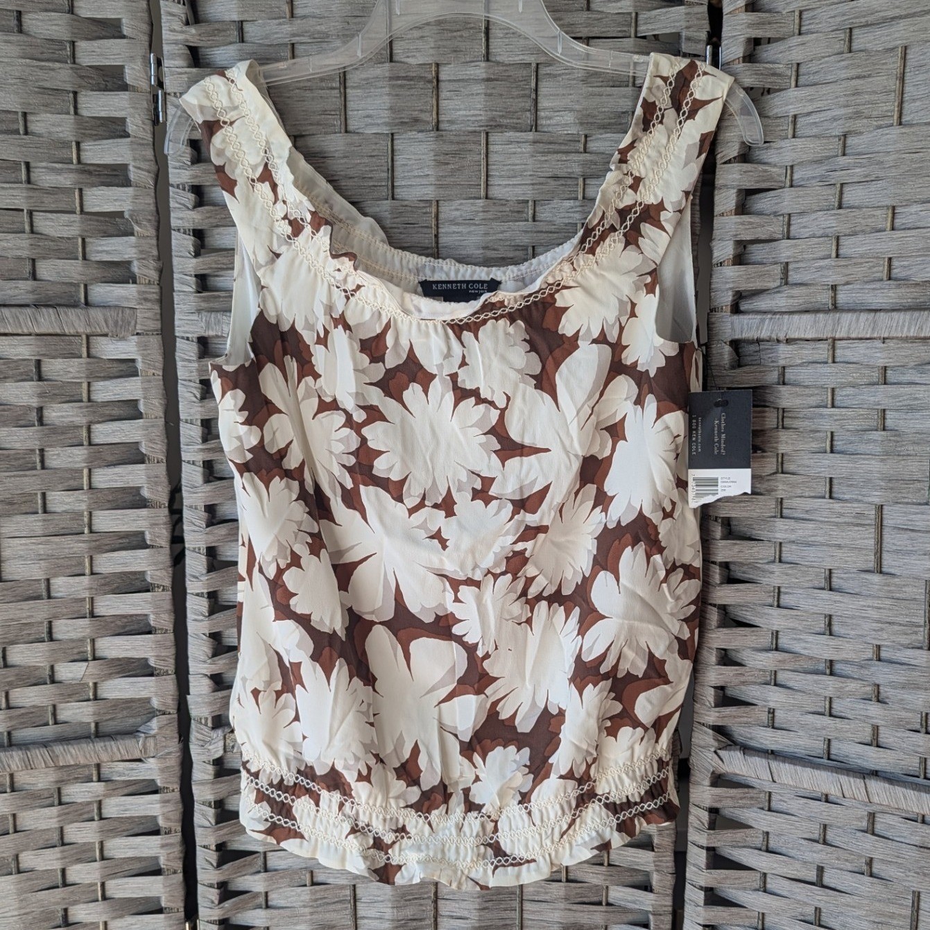 Brown & Cream Floral Blouse Top 100% Silk Sleeveless Sz 6 Smocked Waist Neutral