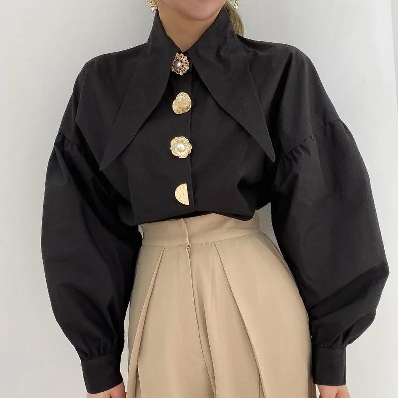 Bellamy – Statement Collar Button Detail Blouse In Black & White Sizes S To 3XL