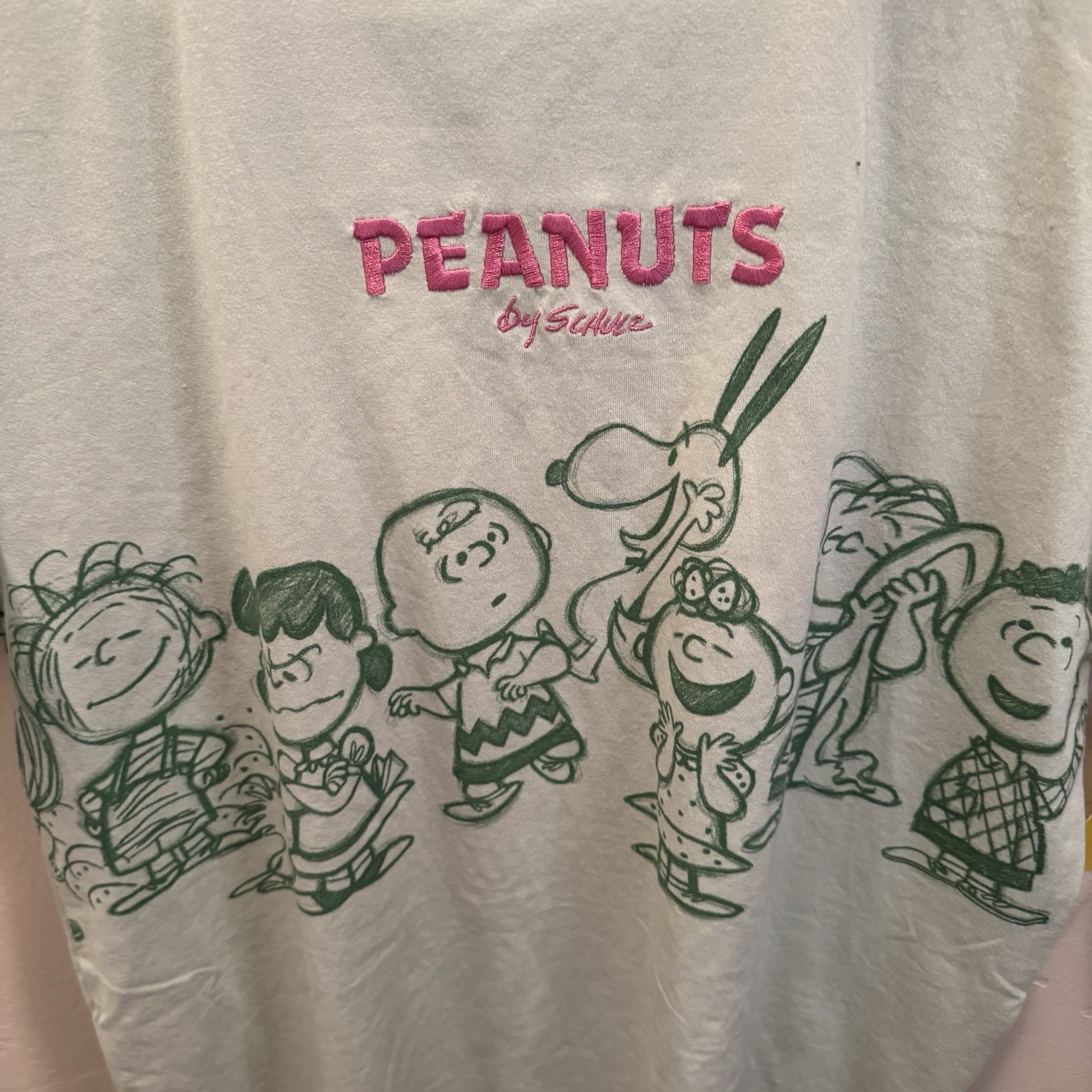 Peanuts T-Shirt Women’s Snoopy, Charlie Brown & Gang Green Embroidered Small NWT
