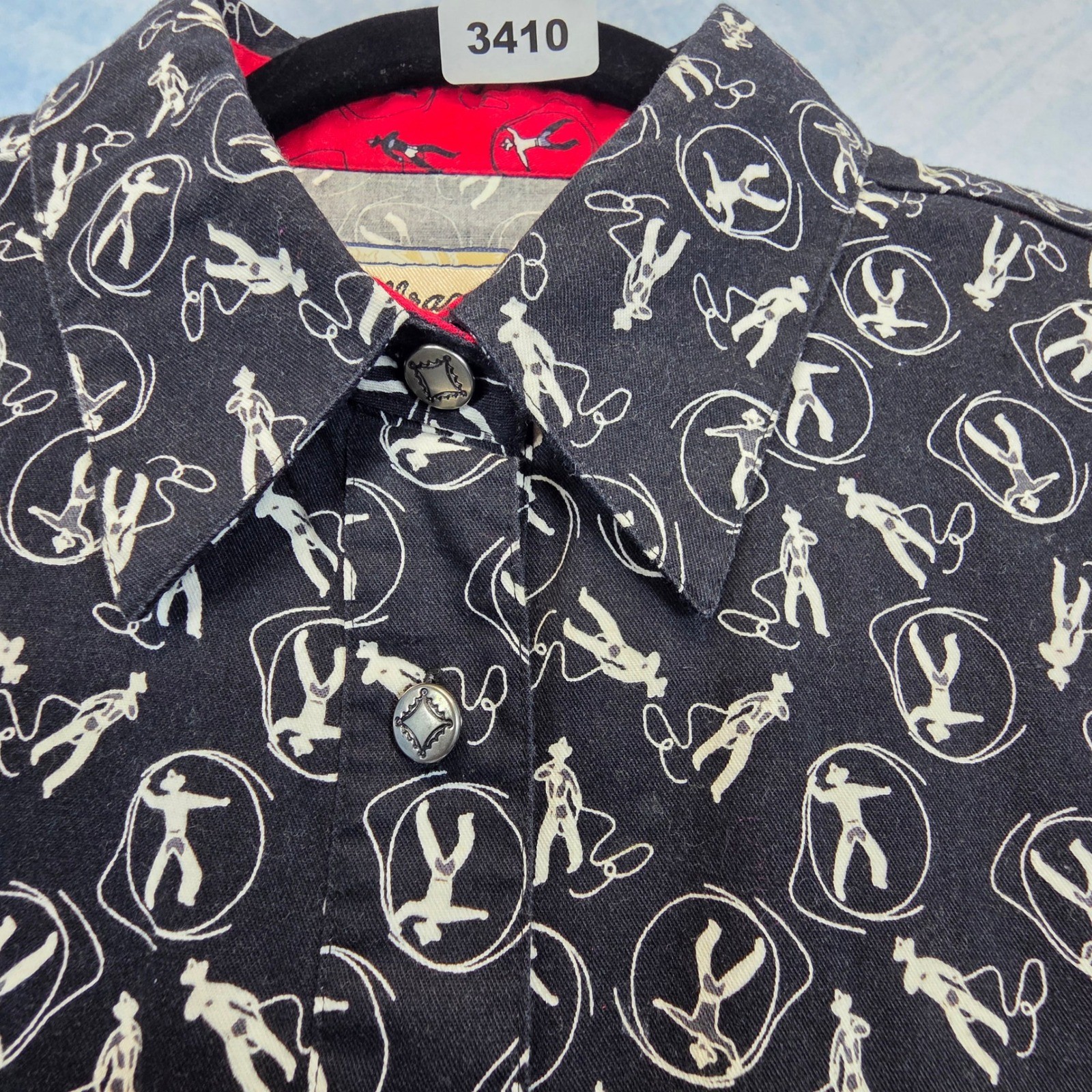 Wrangler Western Wear Womens Black White Cowboy Lasso Print Button Down Shirt L