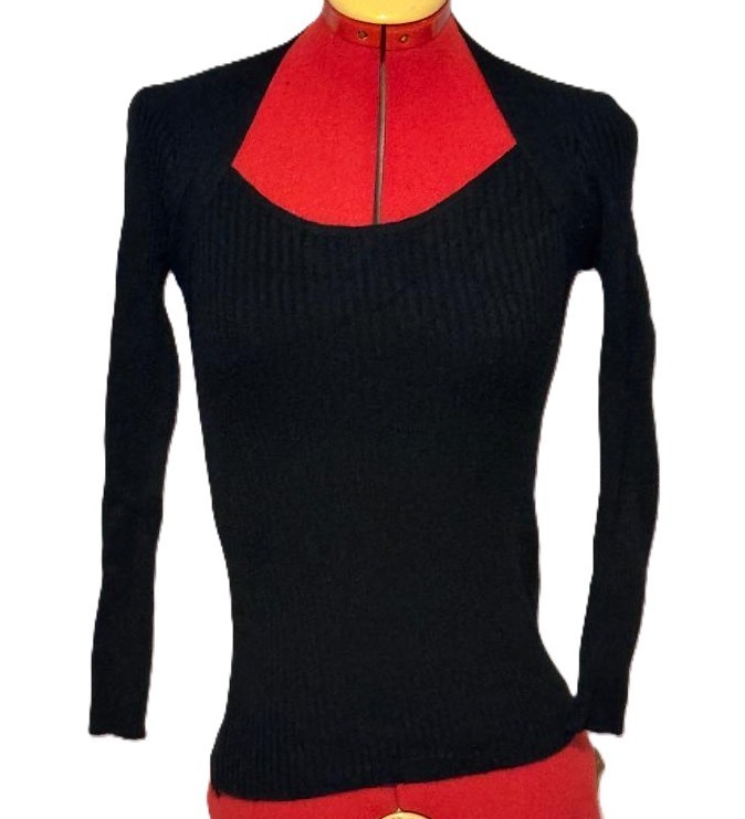 Floral Blooming Ribbed Queen Anne Neck Knit Top – Black – Size L – NWT