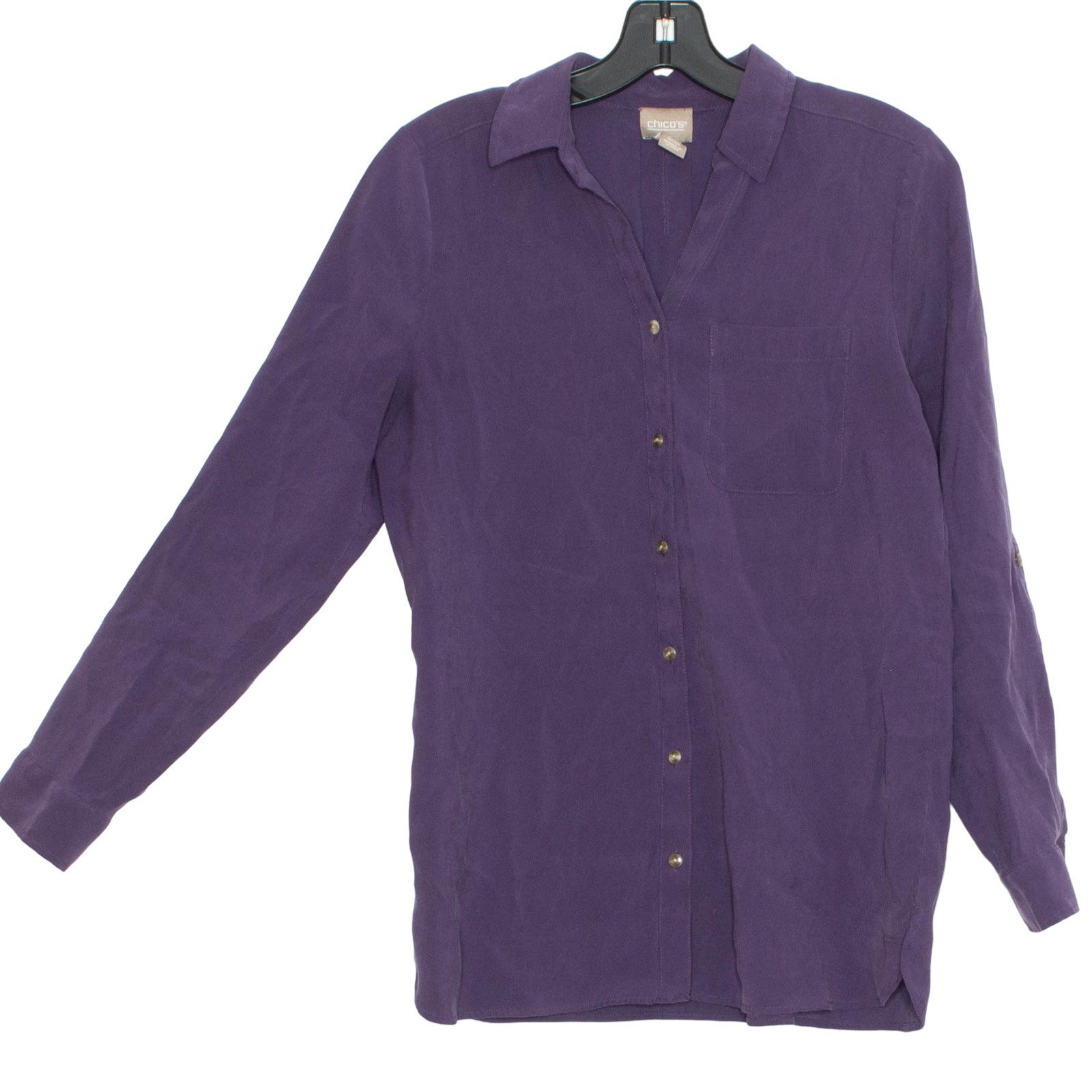 Chicos Tunic Top Frosted Twill Minimalist Classic Comfort Button Purple 0 Small