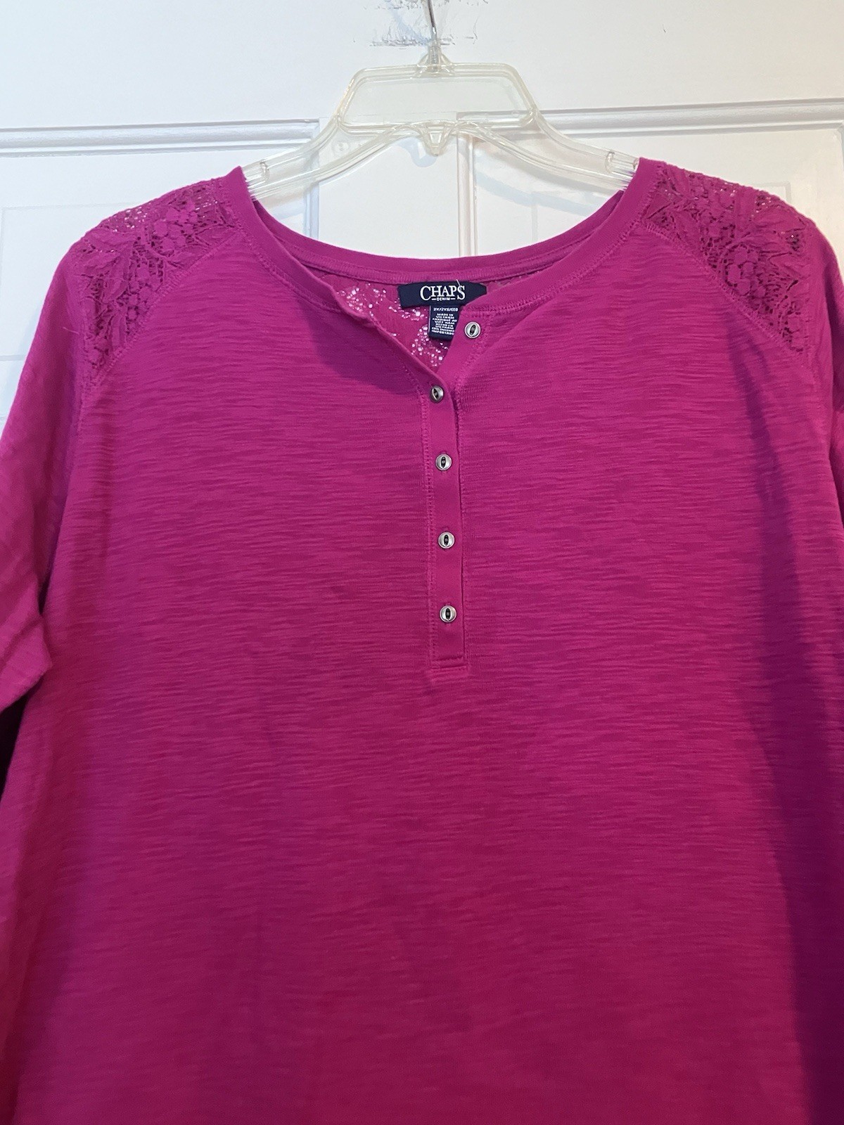 Chaps 2X Fushia Sheer Lace Shoulder 3/4 Sleeve 5 Button Pullover Top