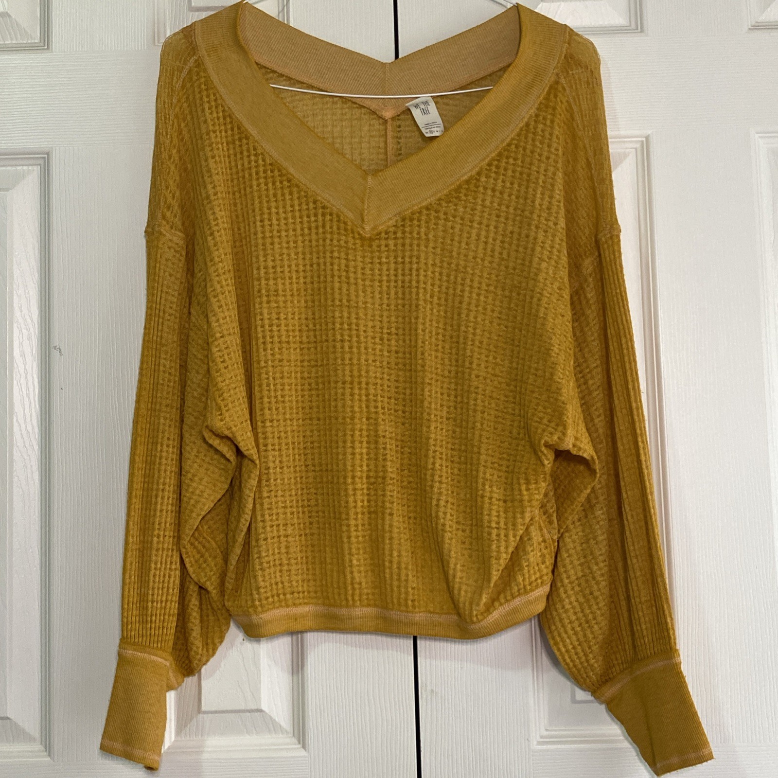 We the Free Top Womens XS V Neck Sheer Waffle Knit Boho oversized breathable