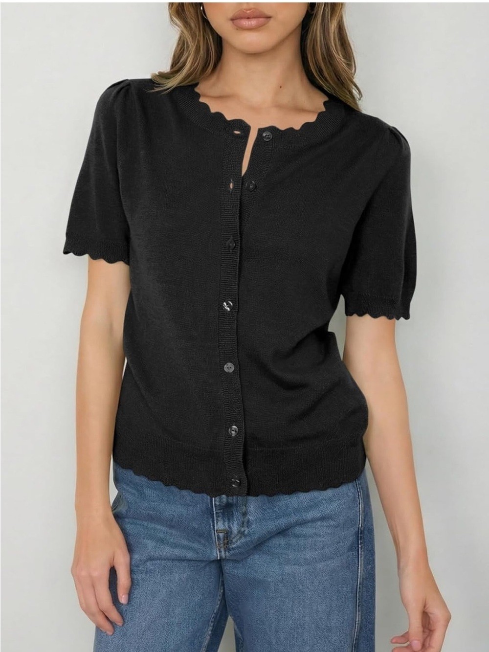 NWT Saodimallsu Scallop Hem Knit Button Down Knit Short Sleeve Cardigan Top