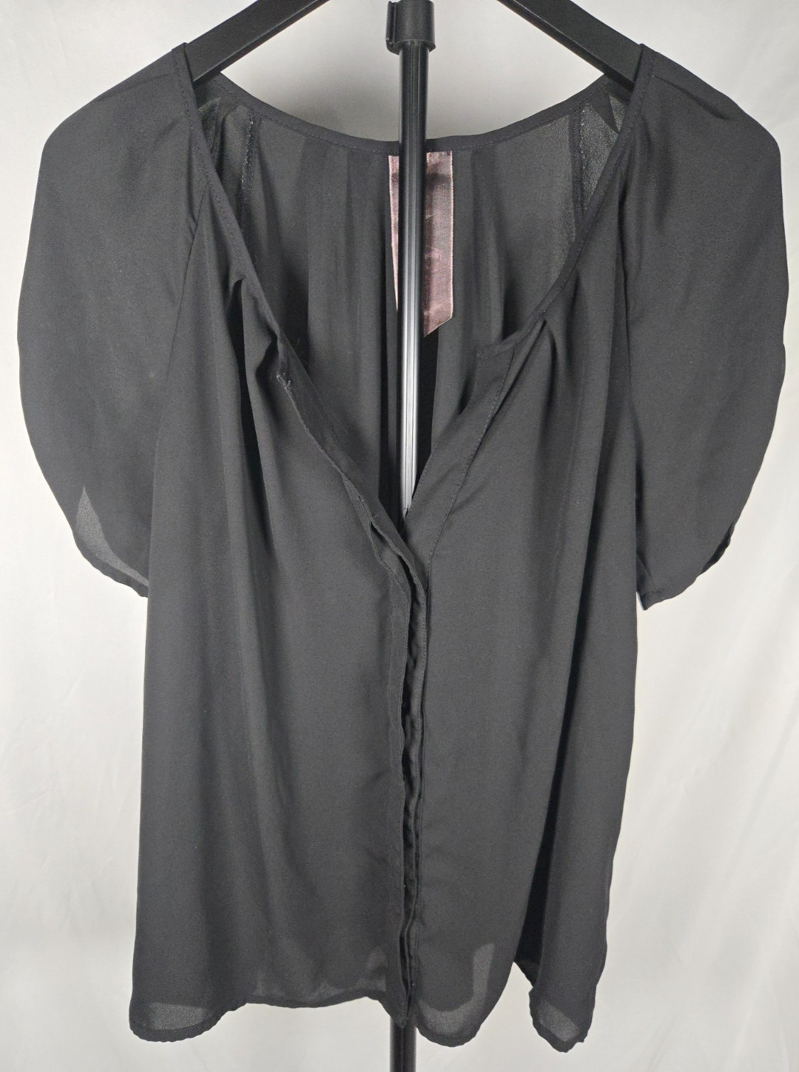 Black Hidden Button Blouse Size Large Flutter Sleeve Office Chic Quiet Luxury